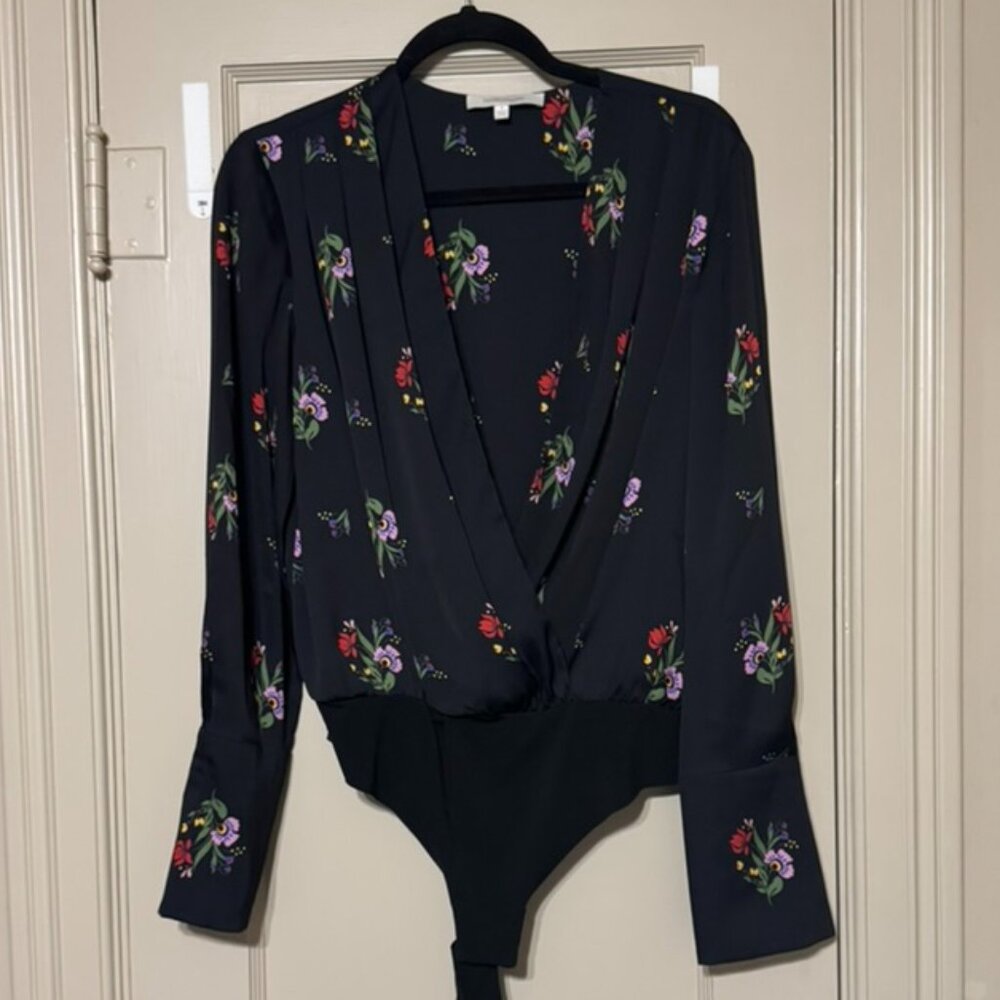 Favorite Daughter M Date Night Floral Surplice Long Sleeve Satin Bodysuit